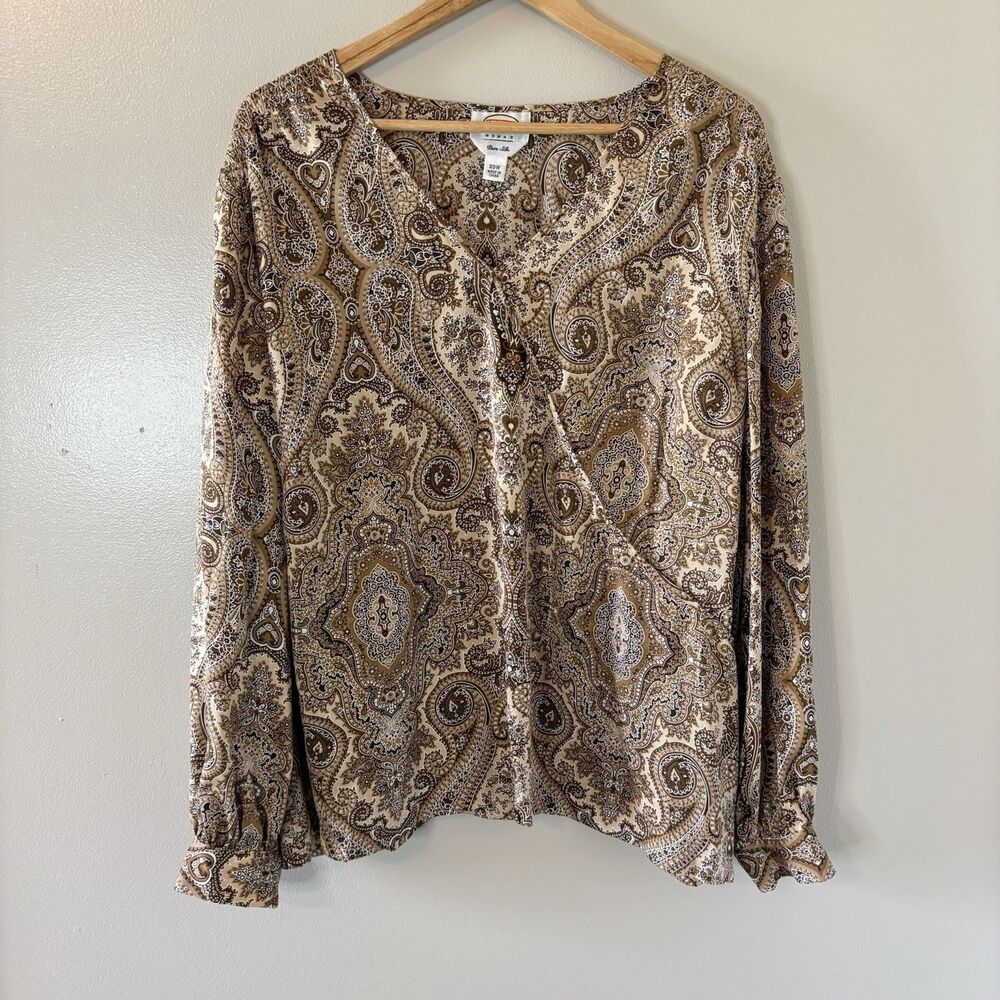 Talbots 100% Silk Blouse Brown Paisley Long Sleeve Wrap Top Sz 20W